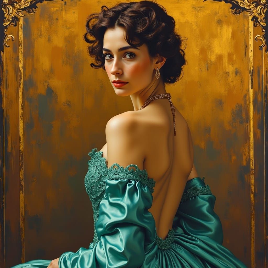 <lora:MidjourneyBeauties:1.0> behind shot of a gorgeous woman posing, gold and turquiose