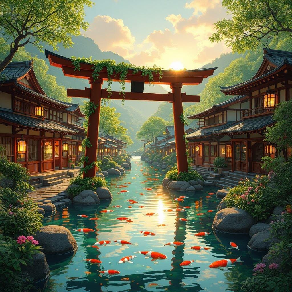 Solarpunk Village in Lush Japanese Valley