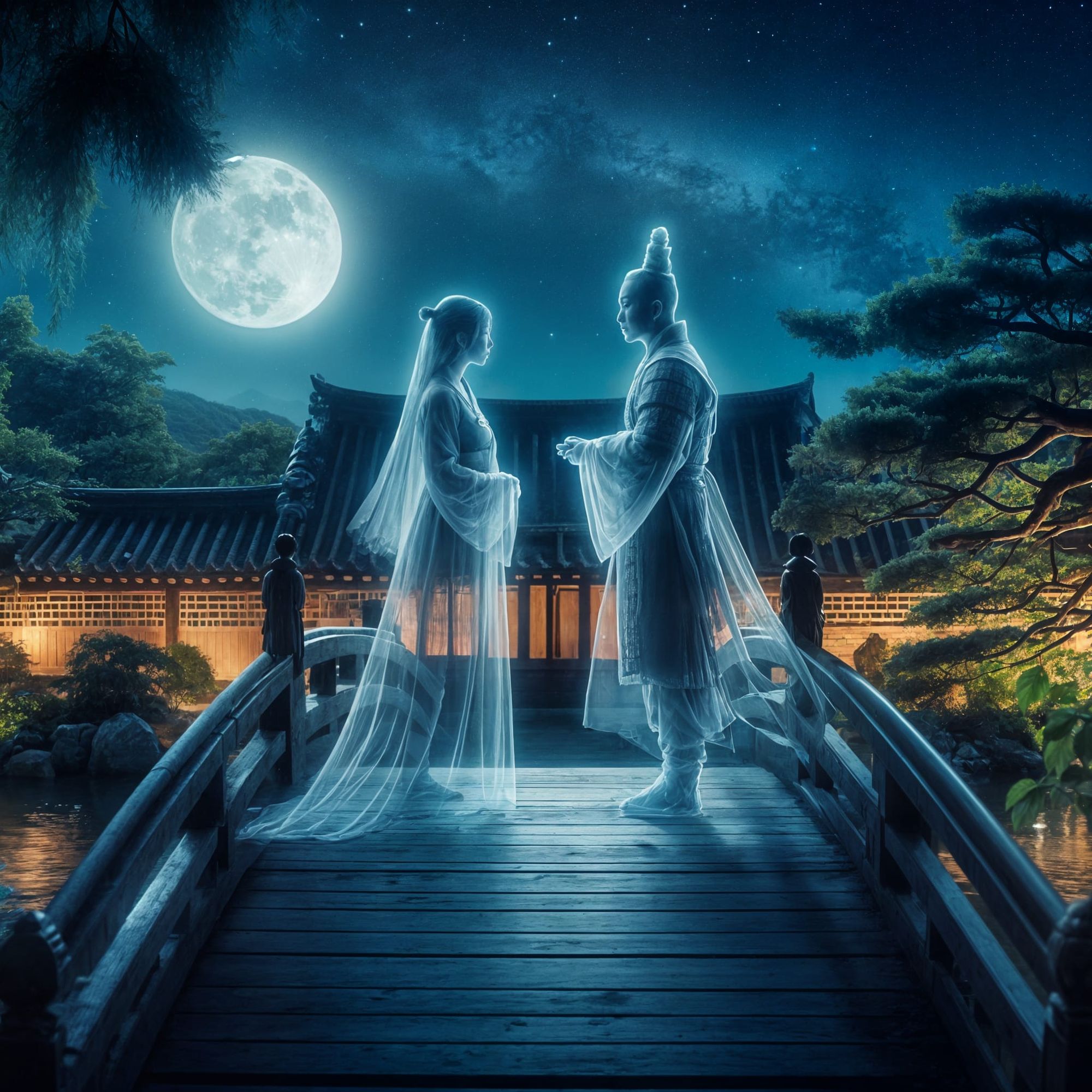 Two transparent ghostly figures meeting at night on a wooden bridge over a river in a garden, with a full moon and starry sky in the background: a Korean court lady and a Korean warrior