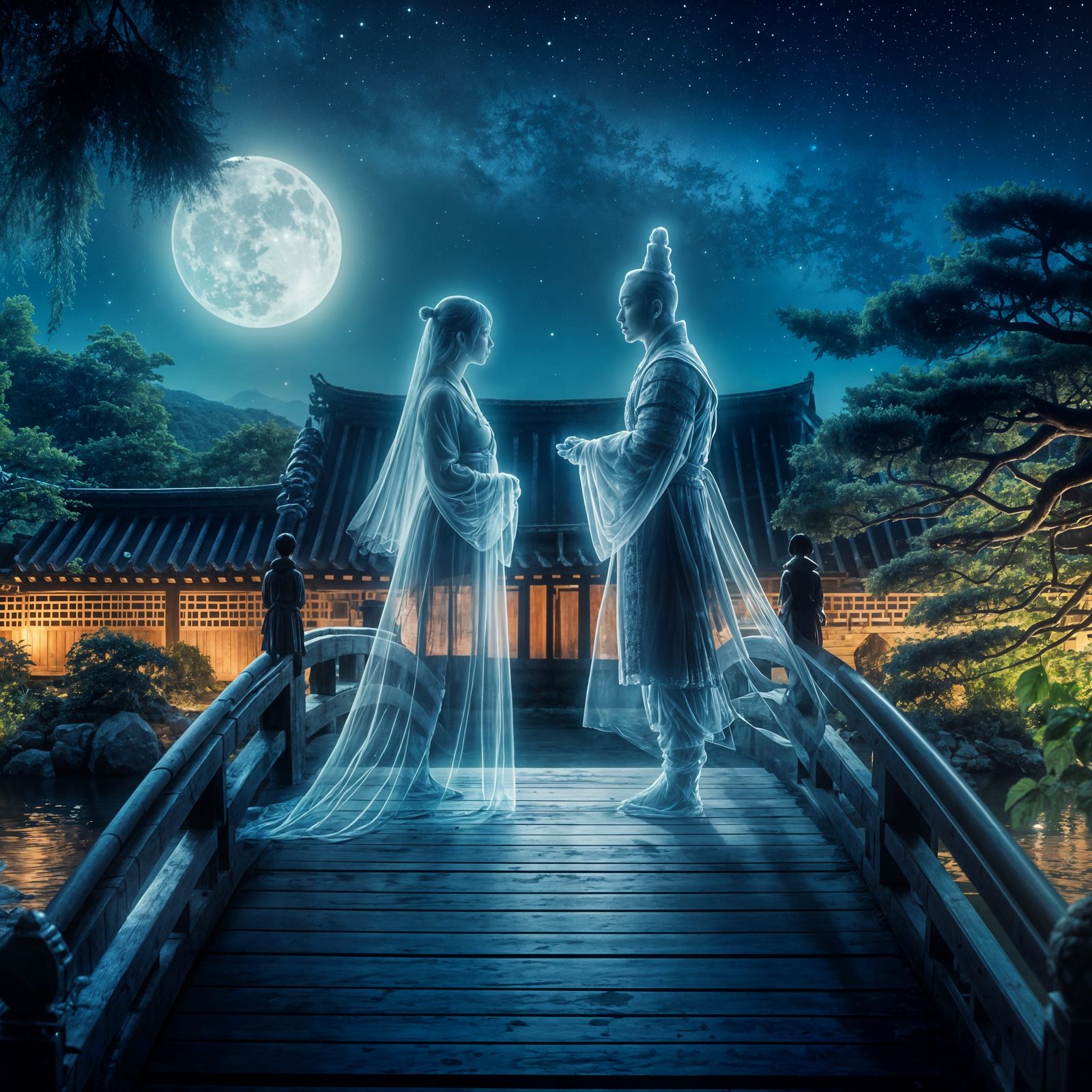 Two transparent ghostly figures meeting at night on a wooden...