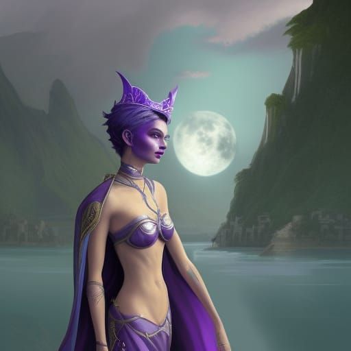 Moon Elf Queen on a Island show port city with Summer Palace...