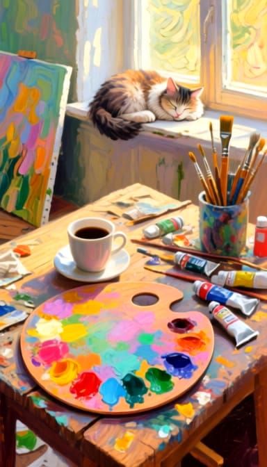 Vibrant Paint Palette and Art Supplies in Sunlight