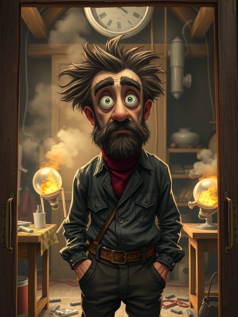 Inventor at Work: an inventor standing in the door way of his workshop which is full of smoke behind him, his hair and eyebrows are singed, ...