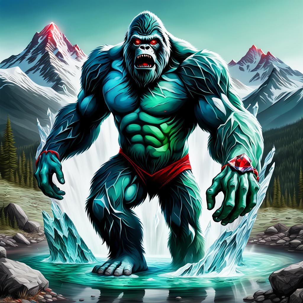 Realistic blue green color Bigfoot cracking open a diamond a...