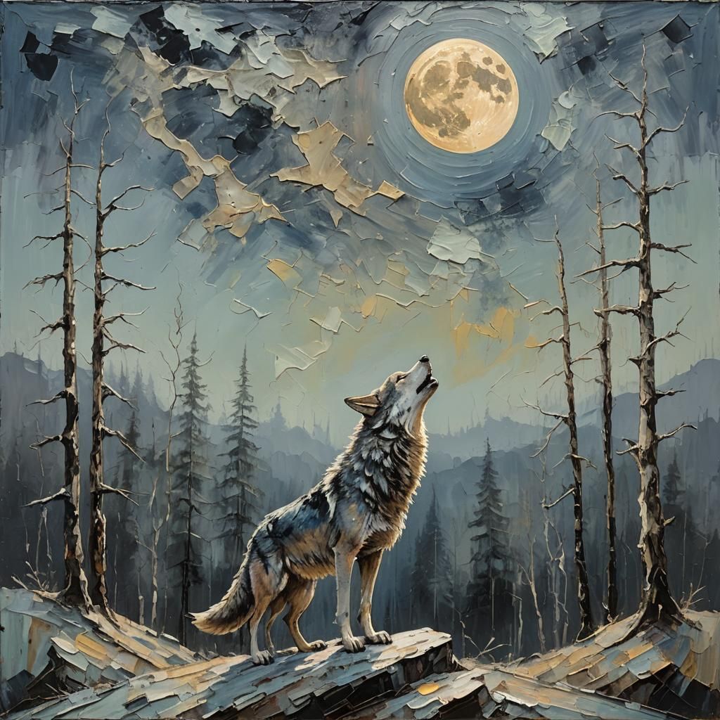 Oil painting, in the style of Anselm Keifer, impasto, texture of old rough dripping paint, {a wolf howling ...  by @PJs AiArt