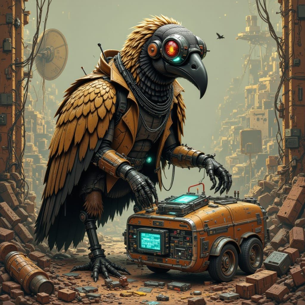 <lora:Cyberpunk Style:1.2>

Rust - The Historian Vulture

Animal: Vulture

Secret Hobby: Scavenger of Analog History

Cyberpunk Style & Colo...