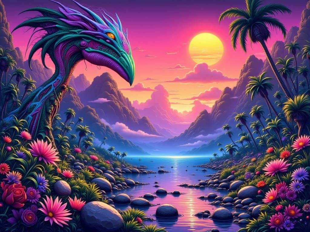 <lora:1st choice:1.0> A vintage 80s-style t-shirt design depicting a stylized alien landscape. Lush, ...  by @Brian