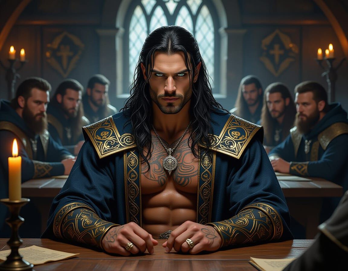 A 38-year-old male witch with a tall, handsome, and very muscular build, rounded pecs, thick arms with rounded biceps, and a trim waist, sit...