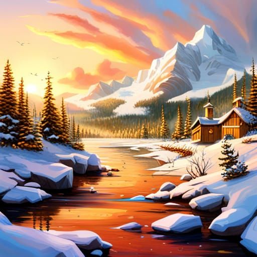 It's snowing while walking in the snowy valley by the icy ri...