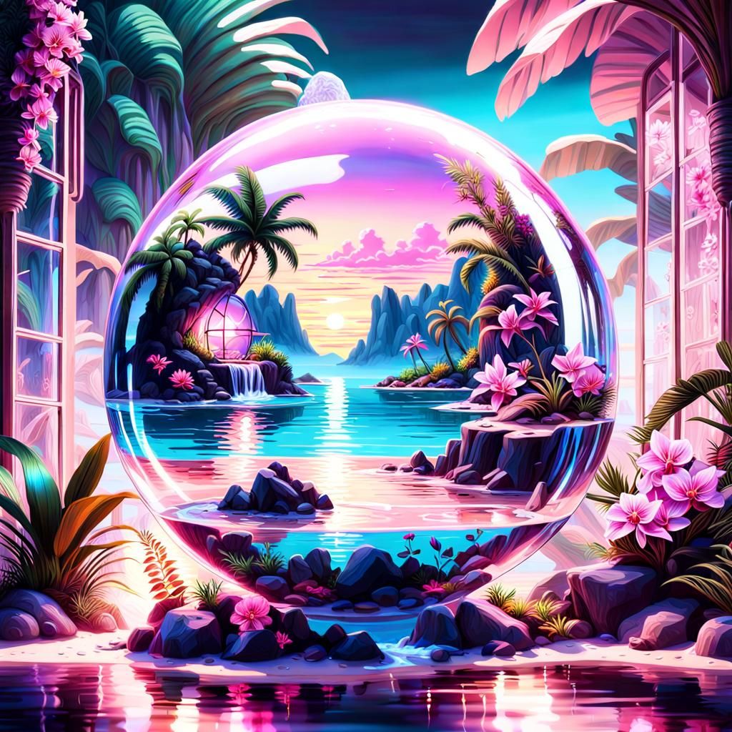 Vapourwave aesthetic surrealistic creation under pink neon light: Inside a crystal transparent bubble ...  by @Mindful THE KB