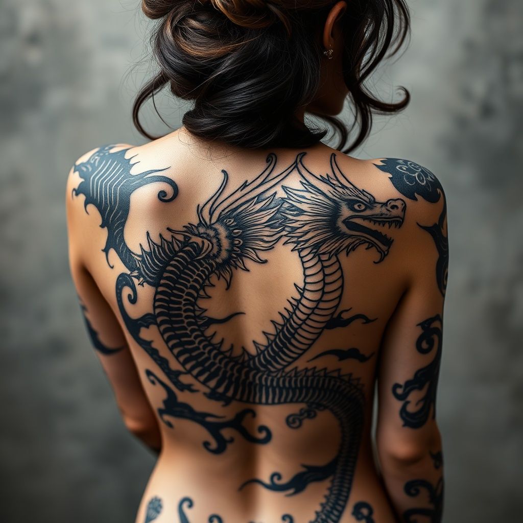 GEISHA BACK TATTOOED WITH A DRAGON.