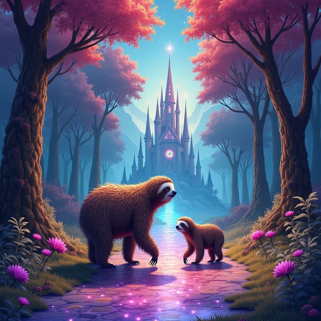 a big sloth and little sloth walkingcdown a glowing road with colors that create a happy feeling. make the pathway decorated with trees guid...