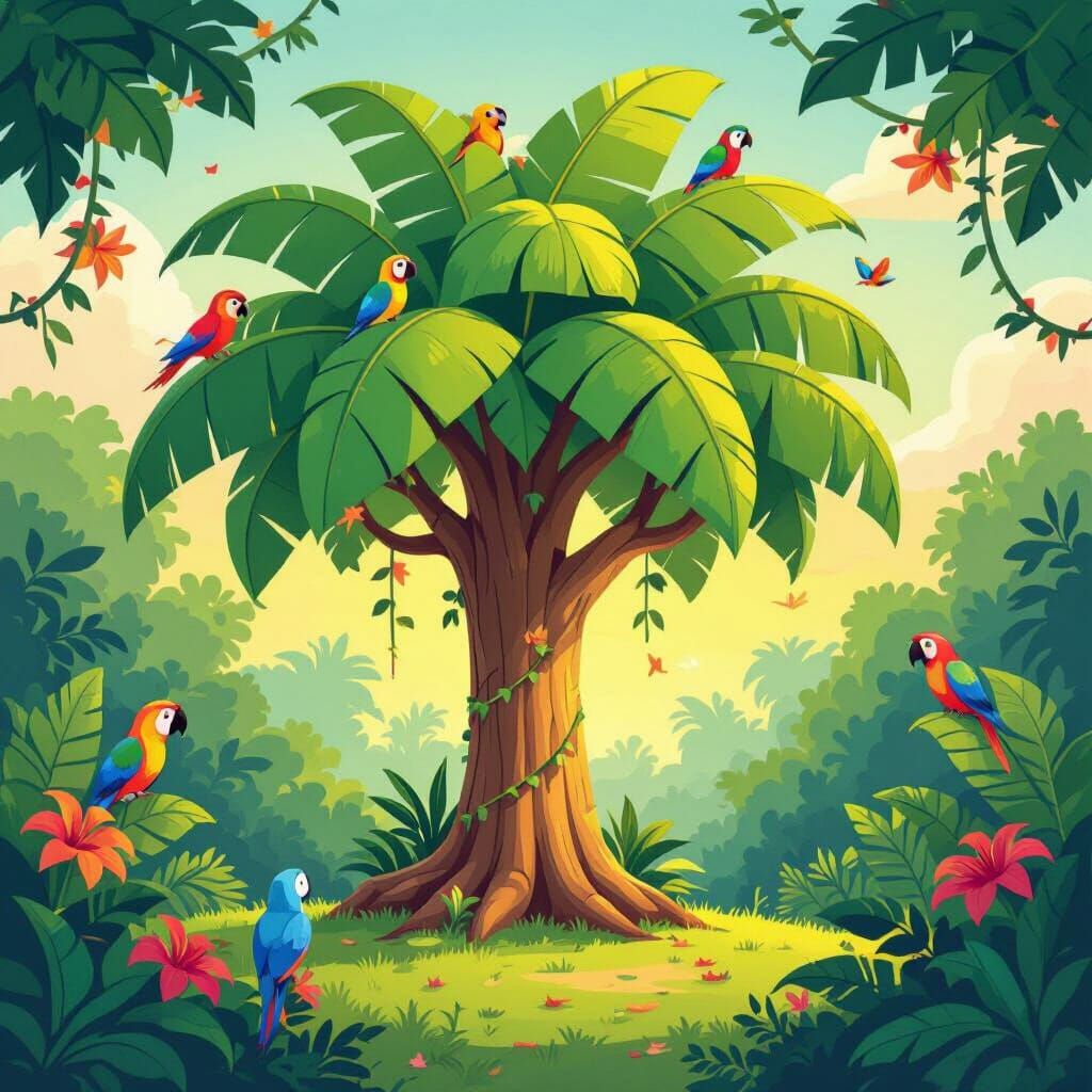 A colorful horizontal cartoon background showing a tropical jungle with a large magic banana tree glowing with golden light. The tree is sli...