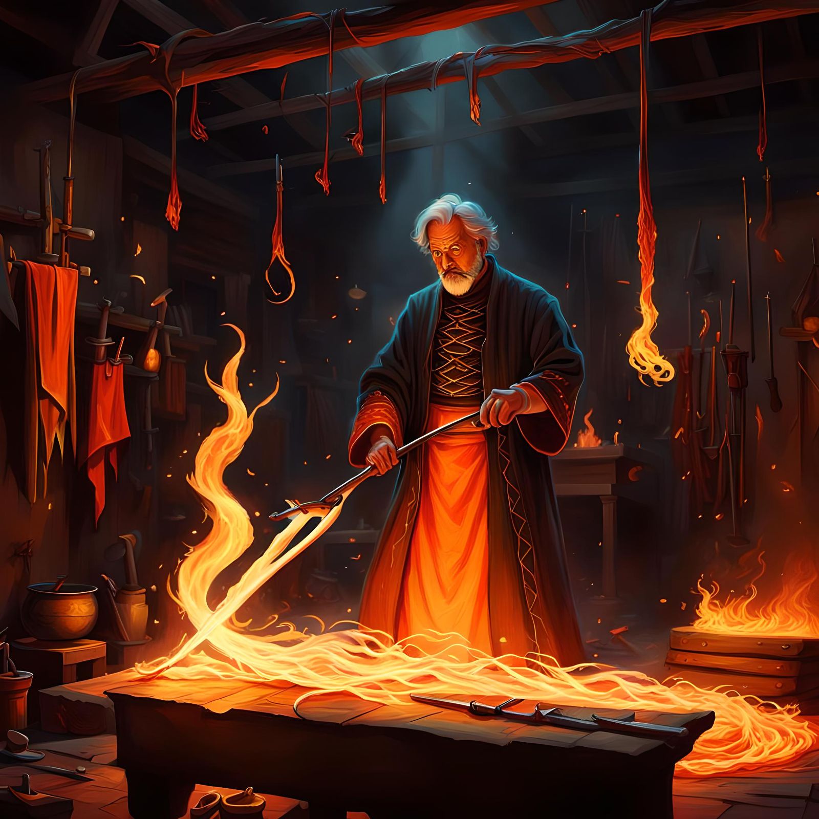  a Fire Tailor in a magical workshop  by @JaiCiJai