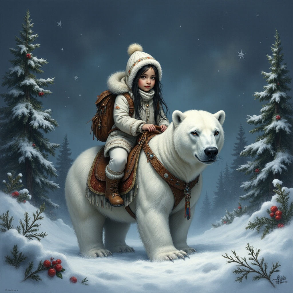 A Eskimo Girl Riding a Polar Bear