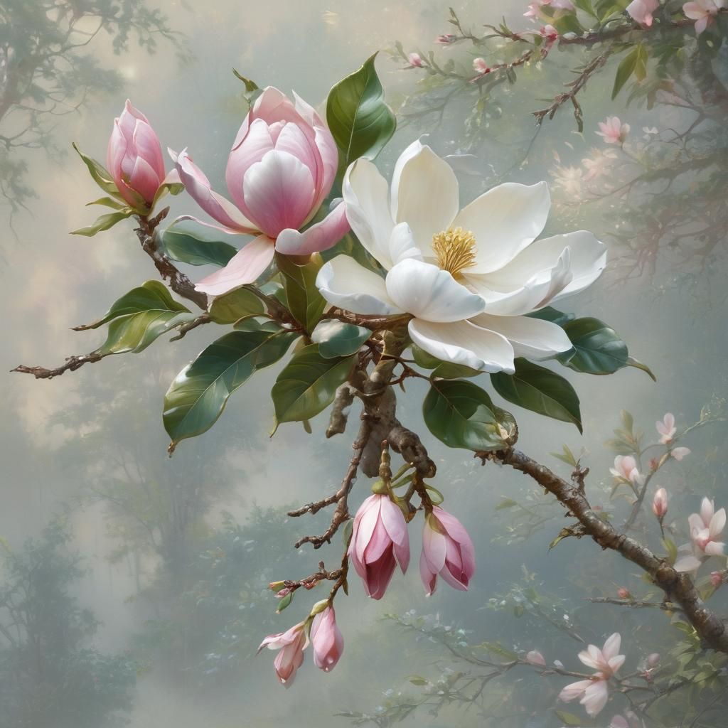 Magnolia Blossom Ornament in Ethereal Fantasy Style