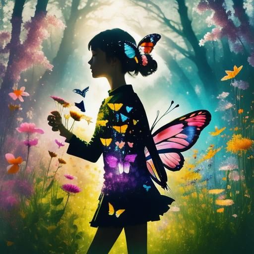 <lora:Silhouette Art AR181:1.0> Fairy, Butterfly, wildflowers, Double exposure art, a photo inside the silhouette, Beautiful double exposure...
