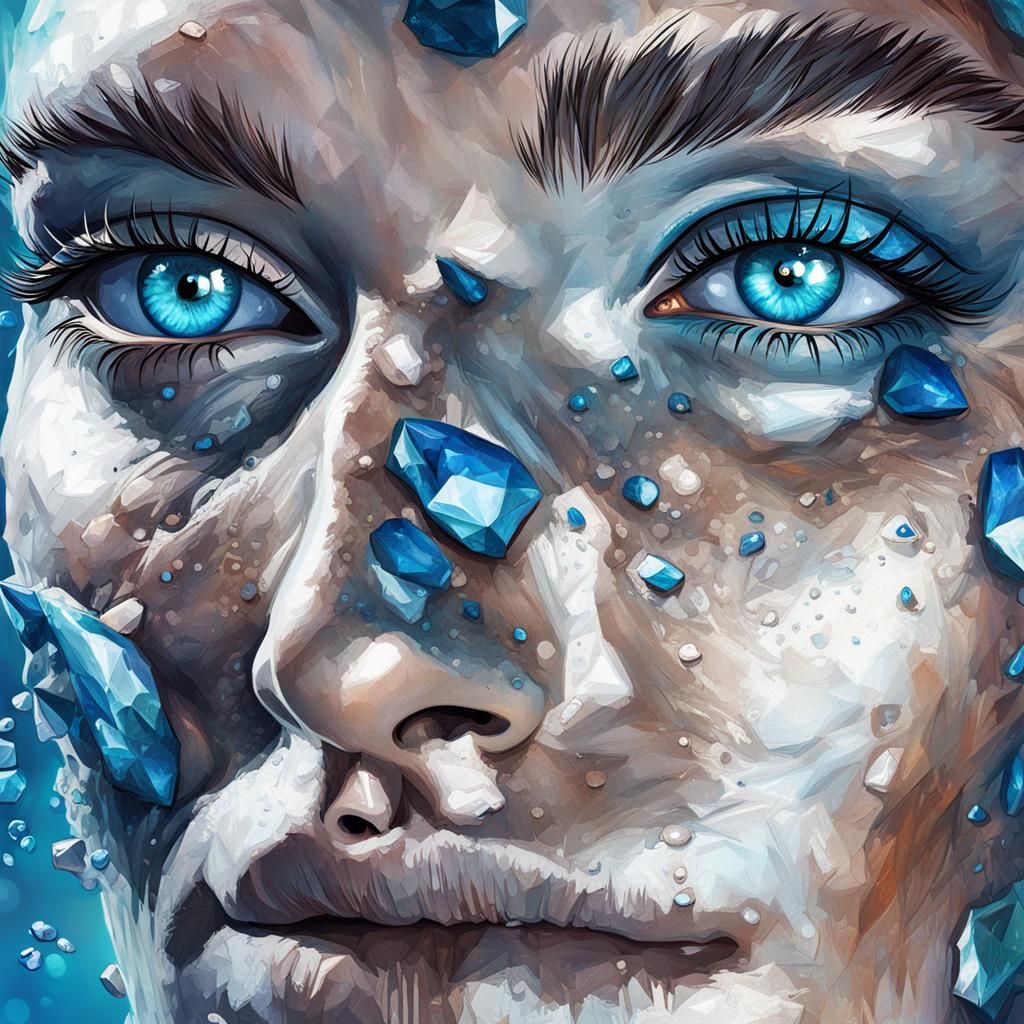 a blue eyes close up, deep as sea , with pabbles or shining ...