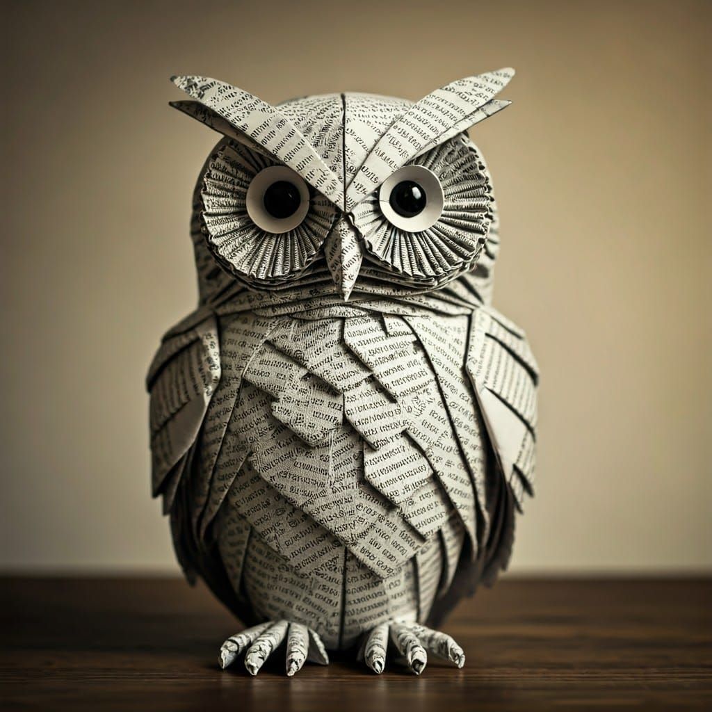 an owl made from folded newspaper  by @Crash Test Drama