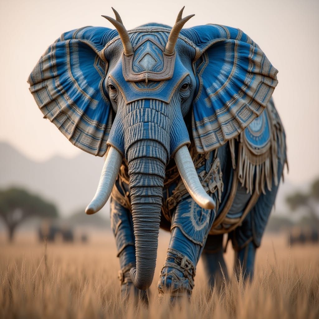 <lora:Cryptids:1.0> A photorealistic image of an elephant adorned with intricate blue and white patterns, standing in the savanna under sof...