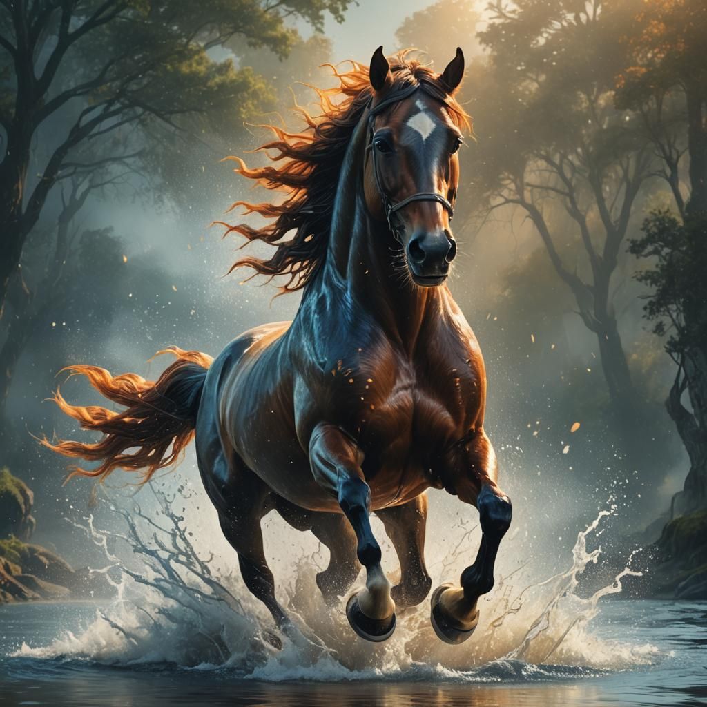 Horse Gallops into Water: Epic Fantasy Art
