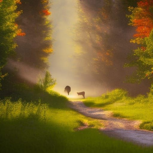 Girl walking her pet wolf in an upper class rural neighborho...