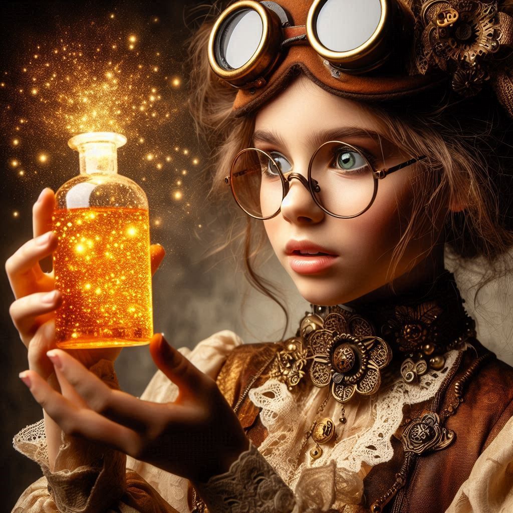 Alchemist girl dressed in steampunk style holding a bottle of golden potion that glows