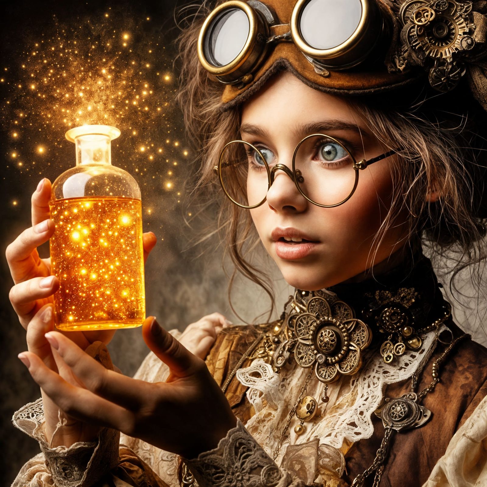 Alchemist girl dressed in steampunk style holding a bottle o...
