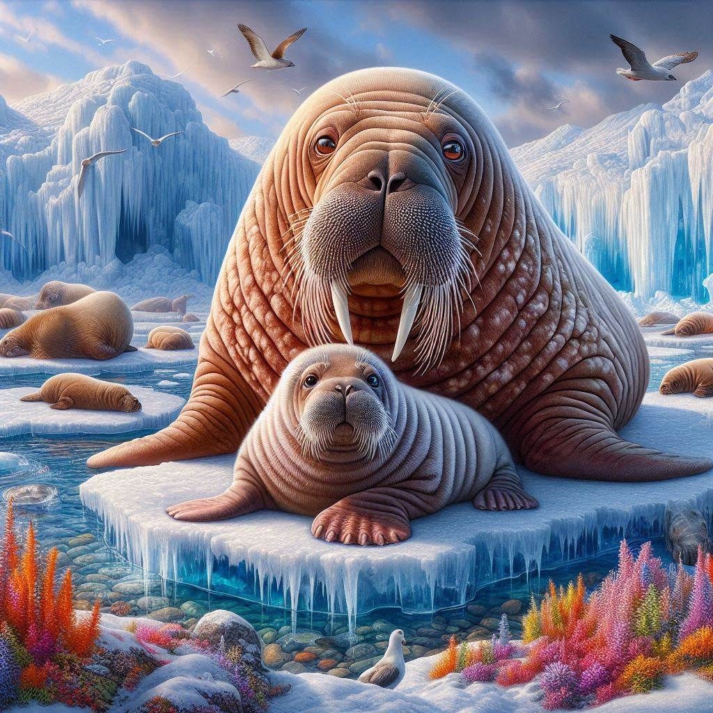 Mother Walrus and her young calf