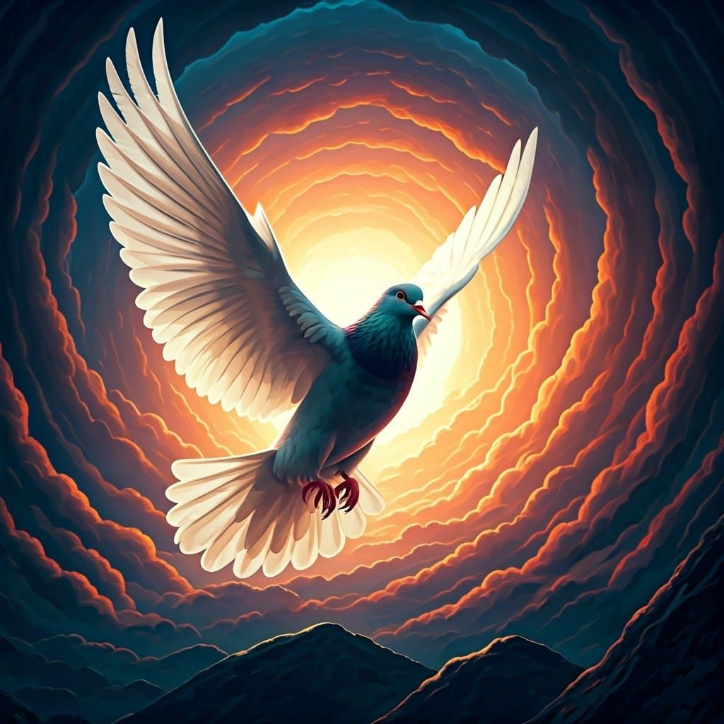 Ethereal Dove Soars Through Dreamlike Skies in Vibrant, High...