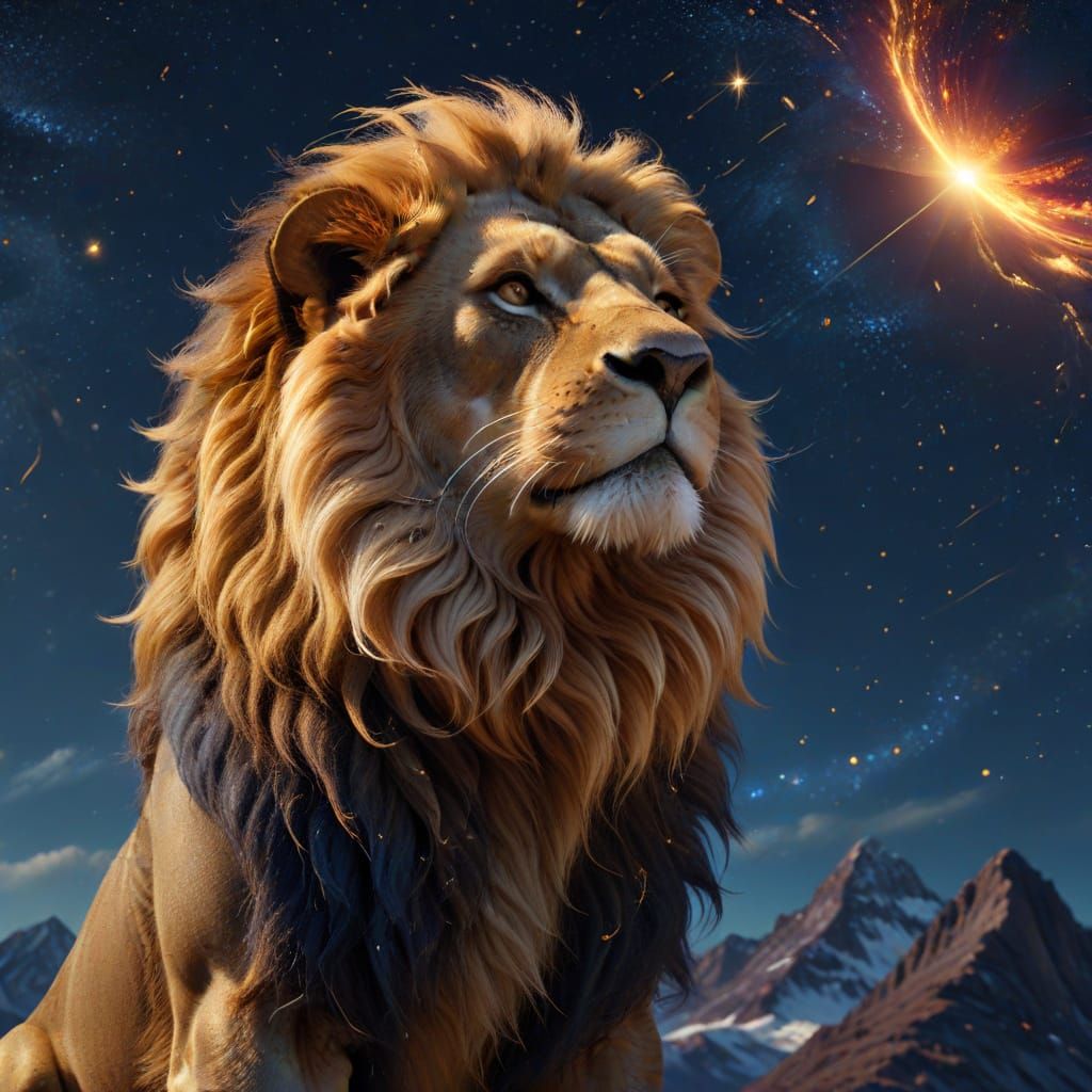 Simba with Gold Medal on Mountain Under Starry Sky
