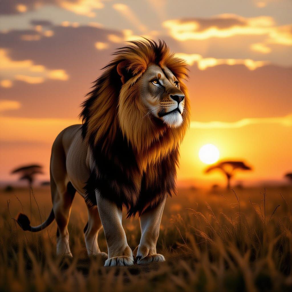 Majestic Lion at Sunset on African Savanna