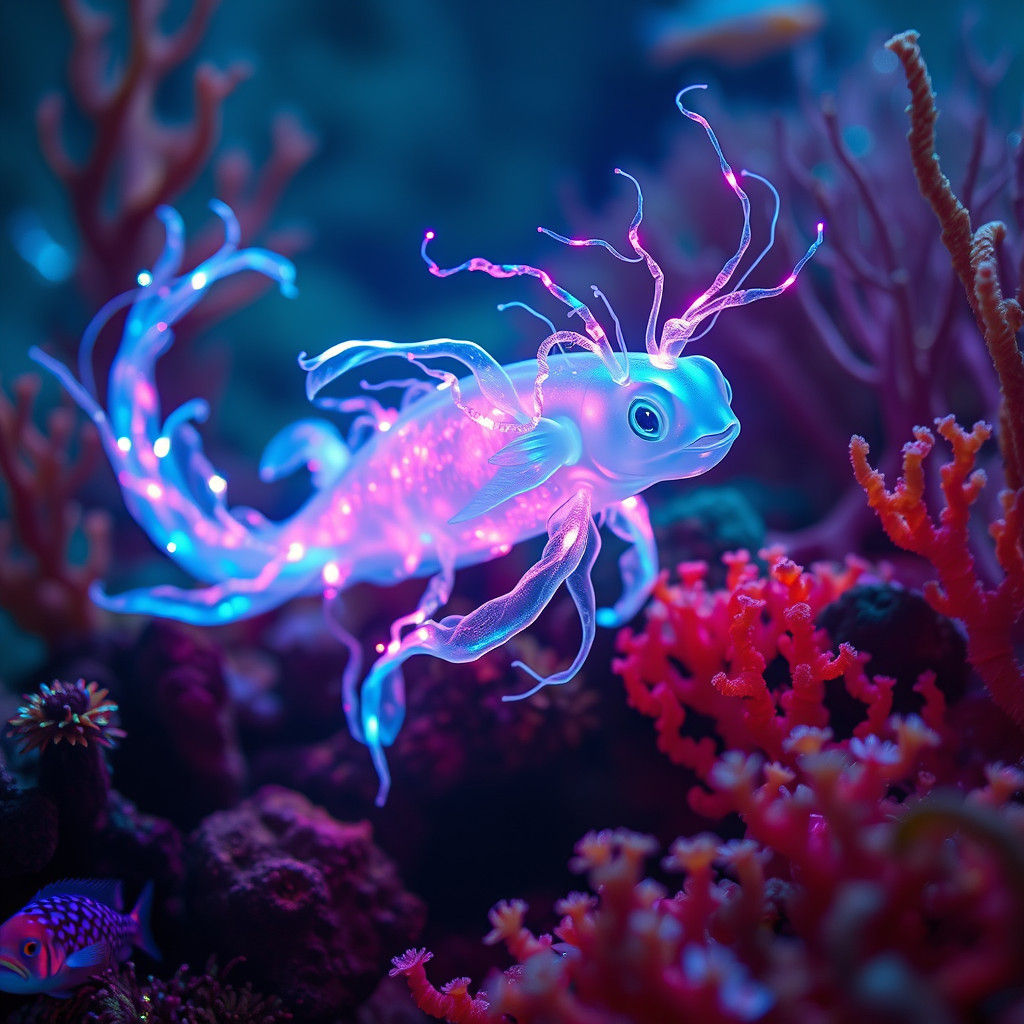 Bioluminescent digital art. Close-up. A glowing, ethereal aq...