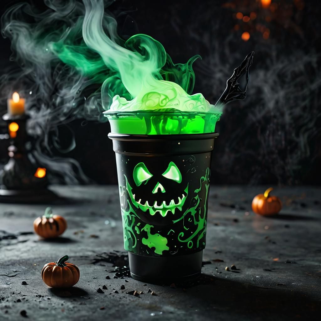spooky decorated halloween party cup with a mysterious green glowing liquid with steam coming out of it