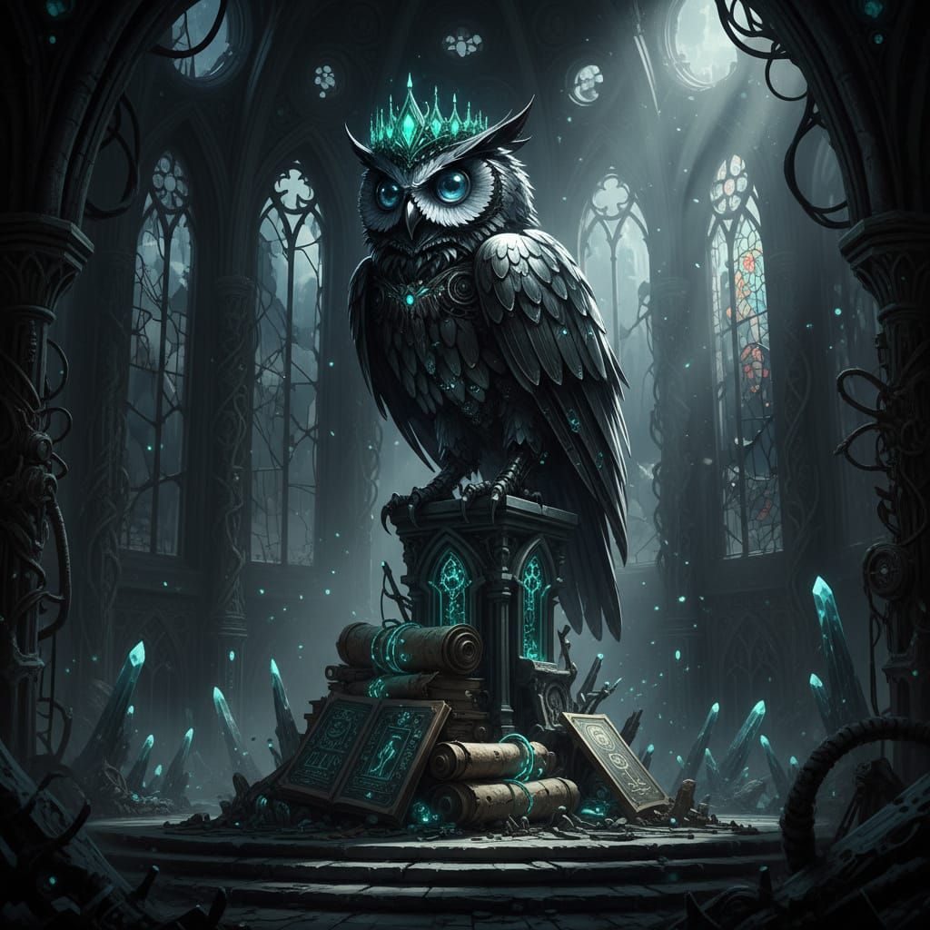 An emerald tiara adorns a robotic owl.
Feathers gleam like steel in moonlight shadows.
It guards encrypted scrolls in a techno-temple.