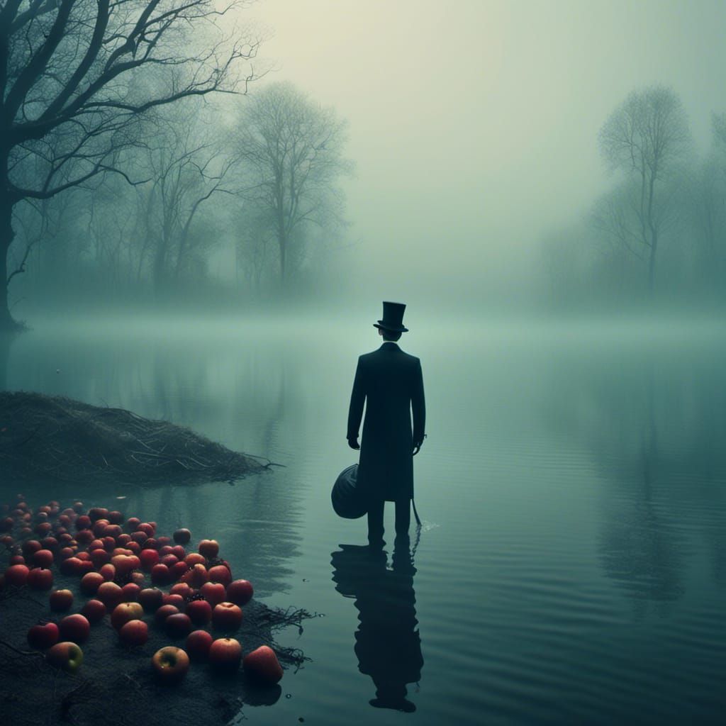 <lora:Surreal Mystery:1.0> This is a surreal image. The setting is a foggy and misty lake. Emerging from the fog is a man in a business sui...