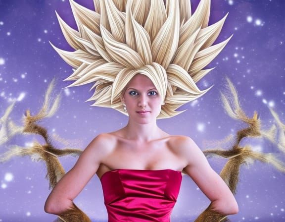 a woman with blonde hair posing for a picture, female goku, ...