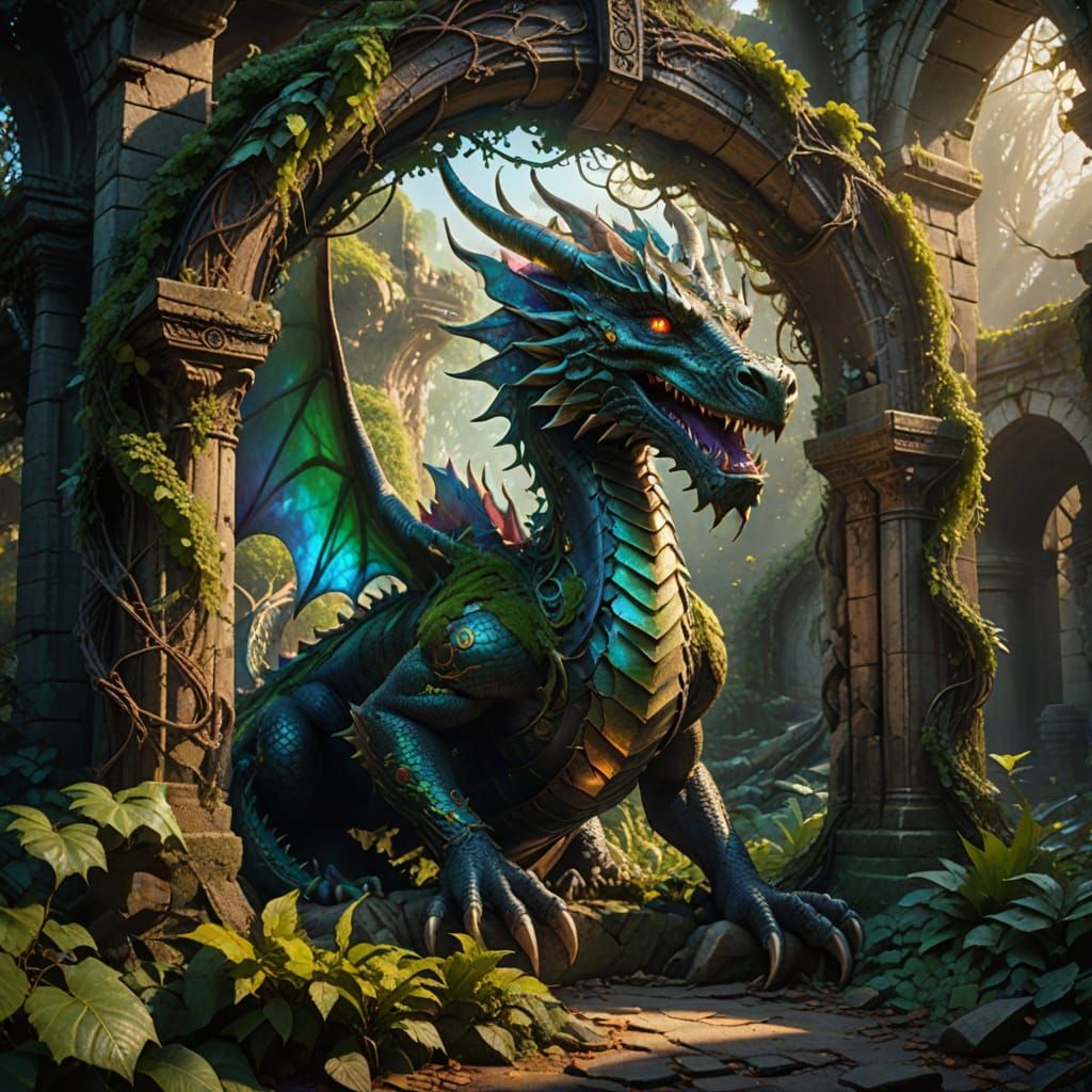 Photograph. Wide shot.A majestic dragon with iridescent scales guards a shimmering swirling vortex portal nestled within a crumbling, vine-c...