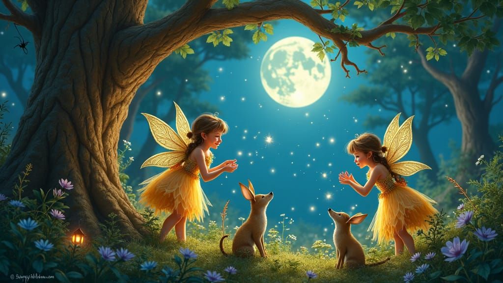 a high-resolution image of a whimsical scene featuring mischievous fairies. Set the scene in a moonlit forest where fairies with playful exp...