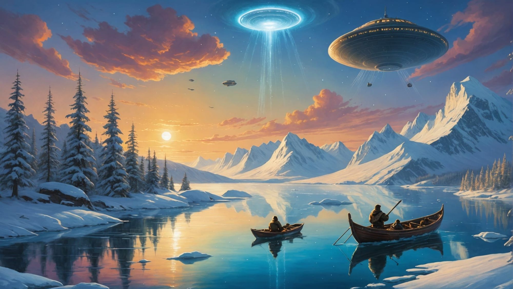 Beautiful intricate and detailed painting of an Inuit in a boat  seeing a UFO hovering over a polar bear at the North Pole in spring in the...