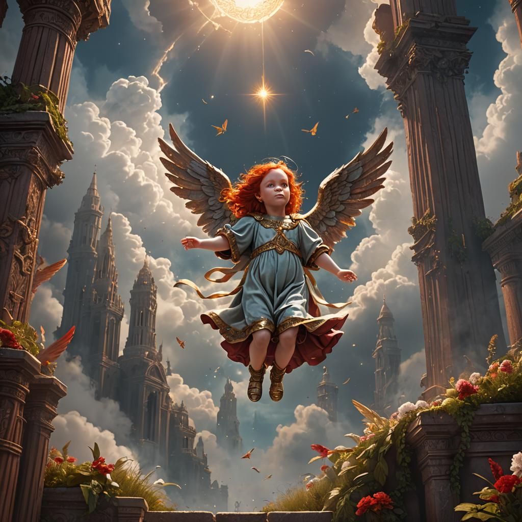Red headed infant girl ascending to Heaven, beautiful angel ...