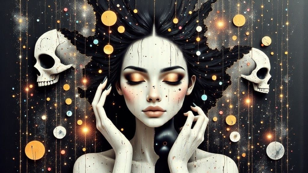 Surreal Witch Portrait with Black Cat and Cosmic Hair