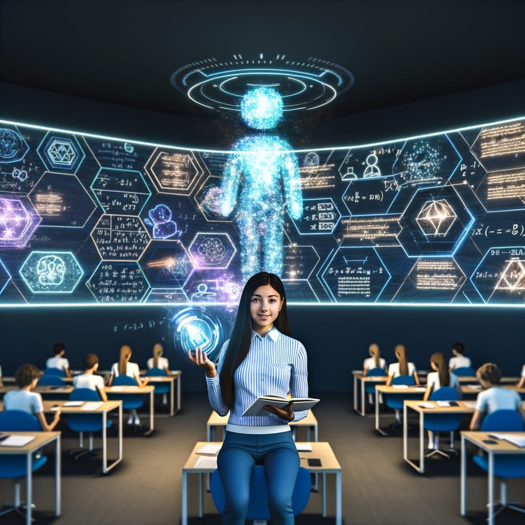 Create a highly detailed and realistic image of a vibrant and futuristic classroom setting where education is fully integrated with advanced...