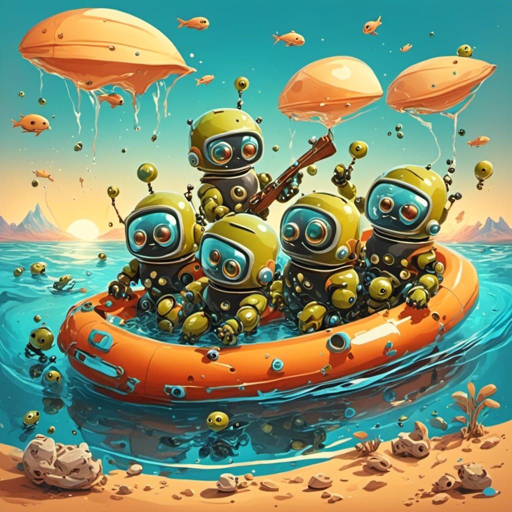 <lora:Olive Oil:1.0> Cute robots are sitting inside an inflatable life boat floating on the ocean at sunset 