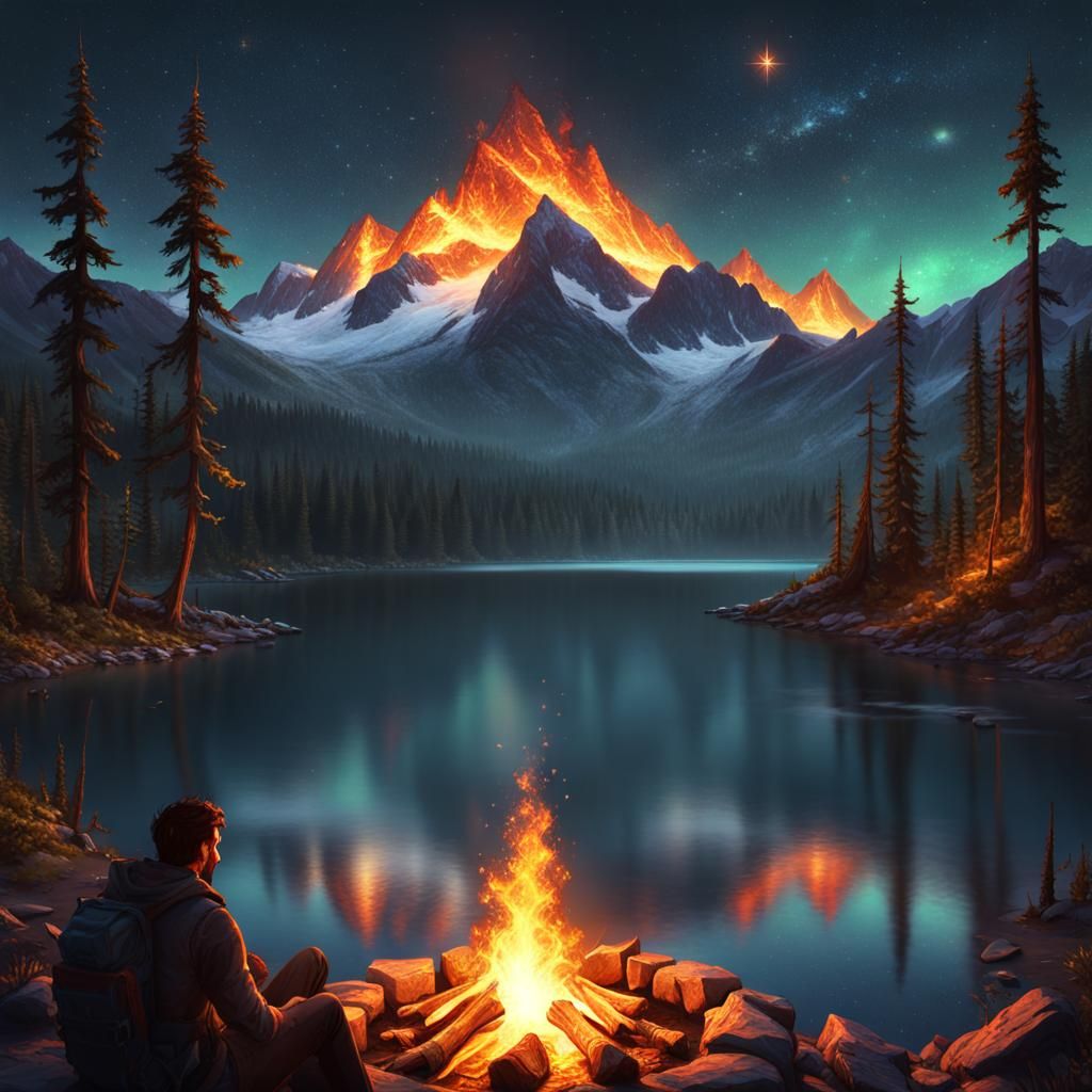 Campfire Site With Mountain Side View With Forest & Lake On ...