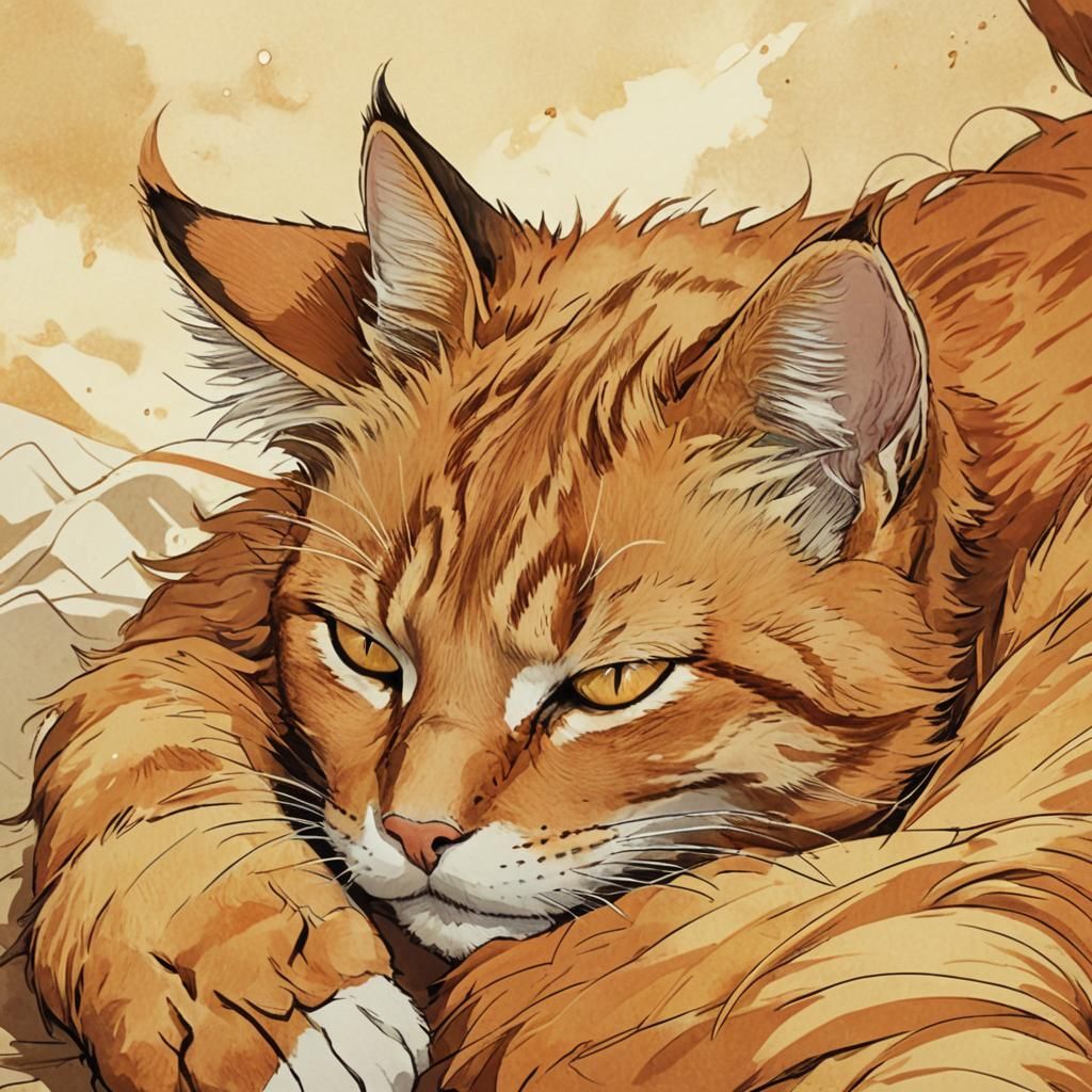 Orange Cat Sleeping in Vibrant Anime Style