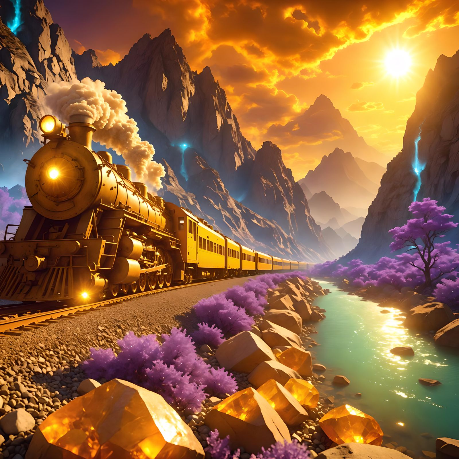 Citrine Train to Amethyst Mountains: Surreal 3D Render