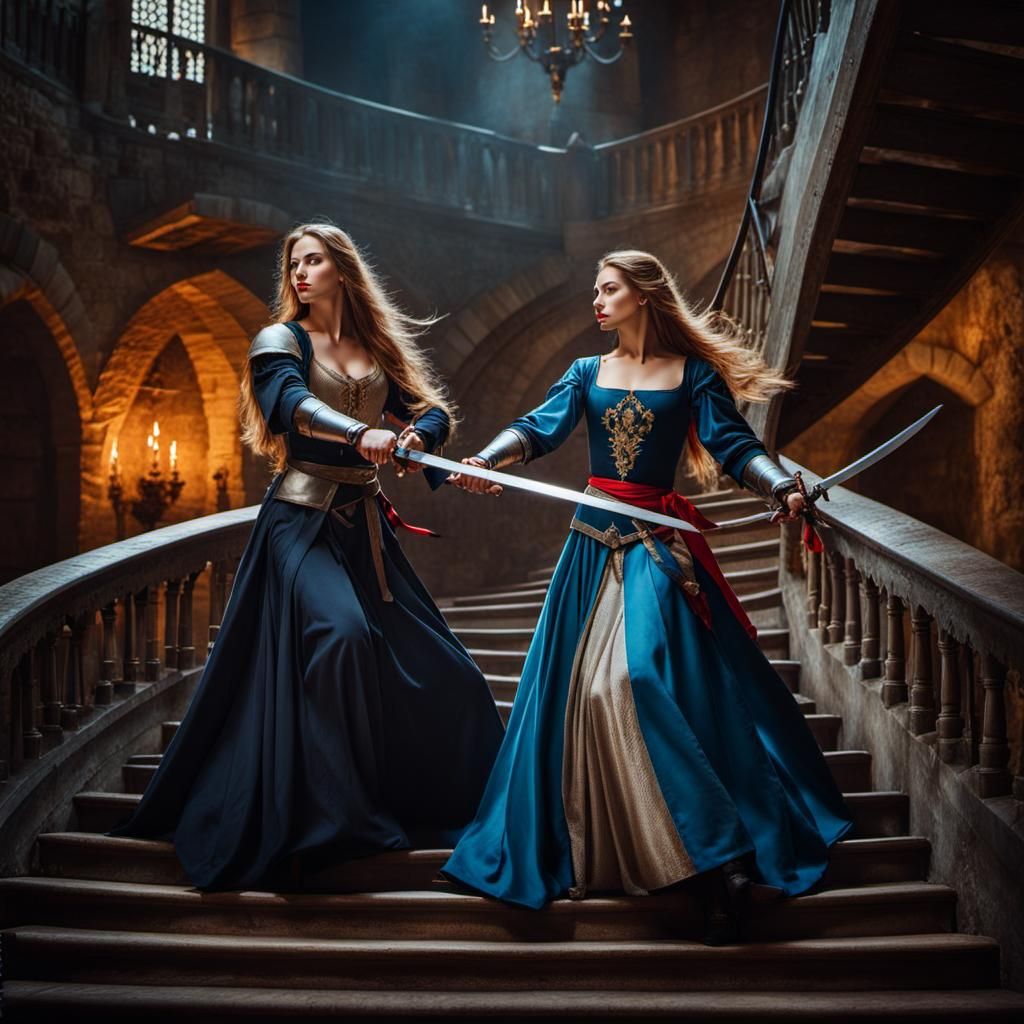 two beautiful women gorgeously dressed, with long hair, agre...