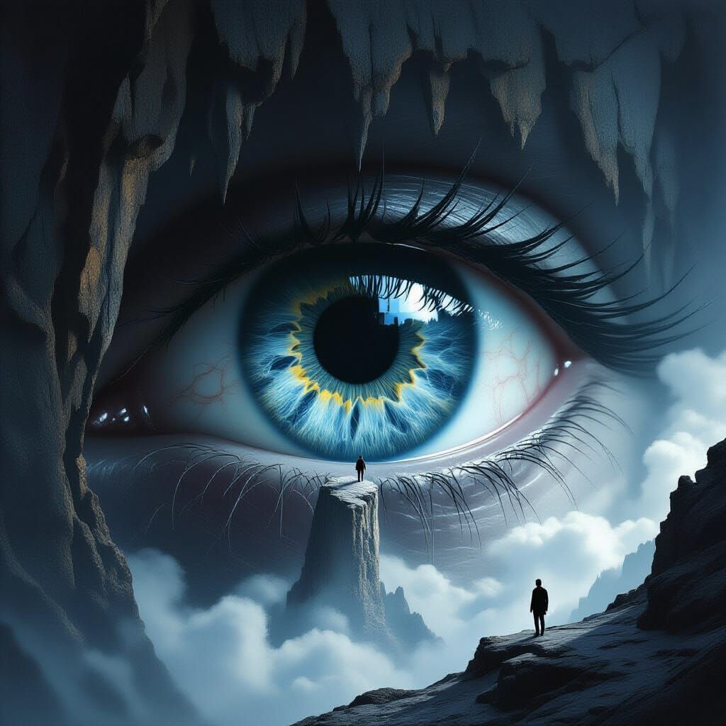 Man on Cliff Reflected in Giant Eye
