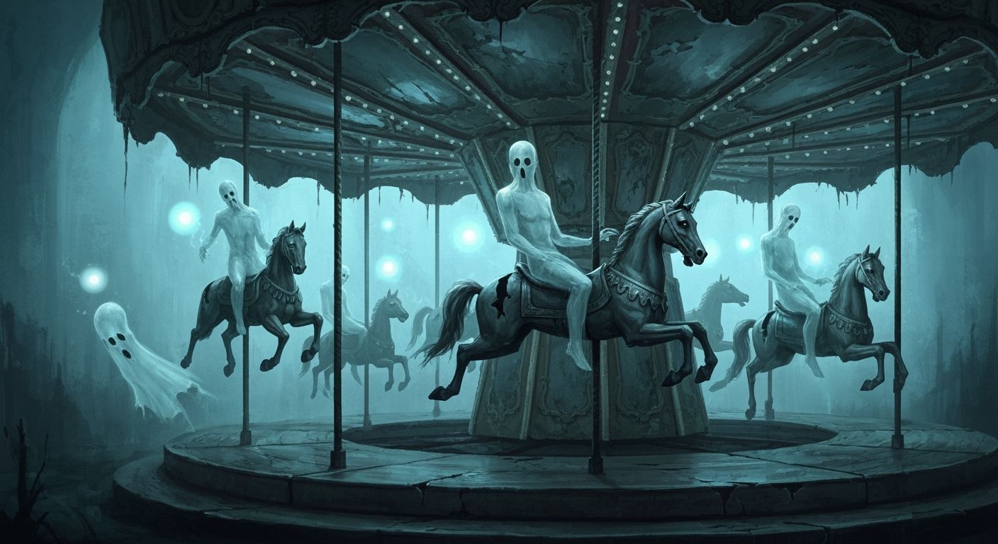 A decrepit Victorian carousel, with peeling paint, with ethereal, translucent ghosts riding the broken ...  by @ArdRi6